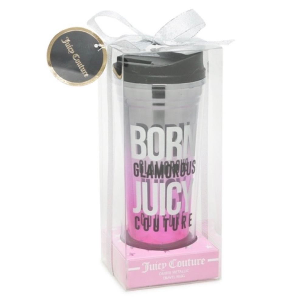 Juicy Couture “Born Glamorous” Travel Mug Tumbler Colors Black, Pink, Silver